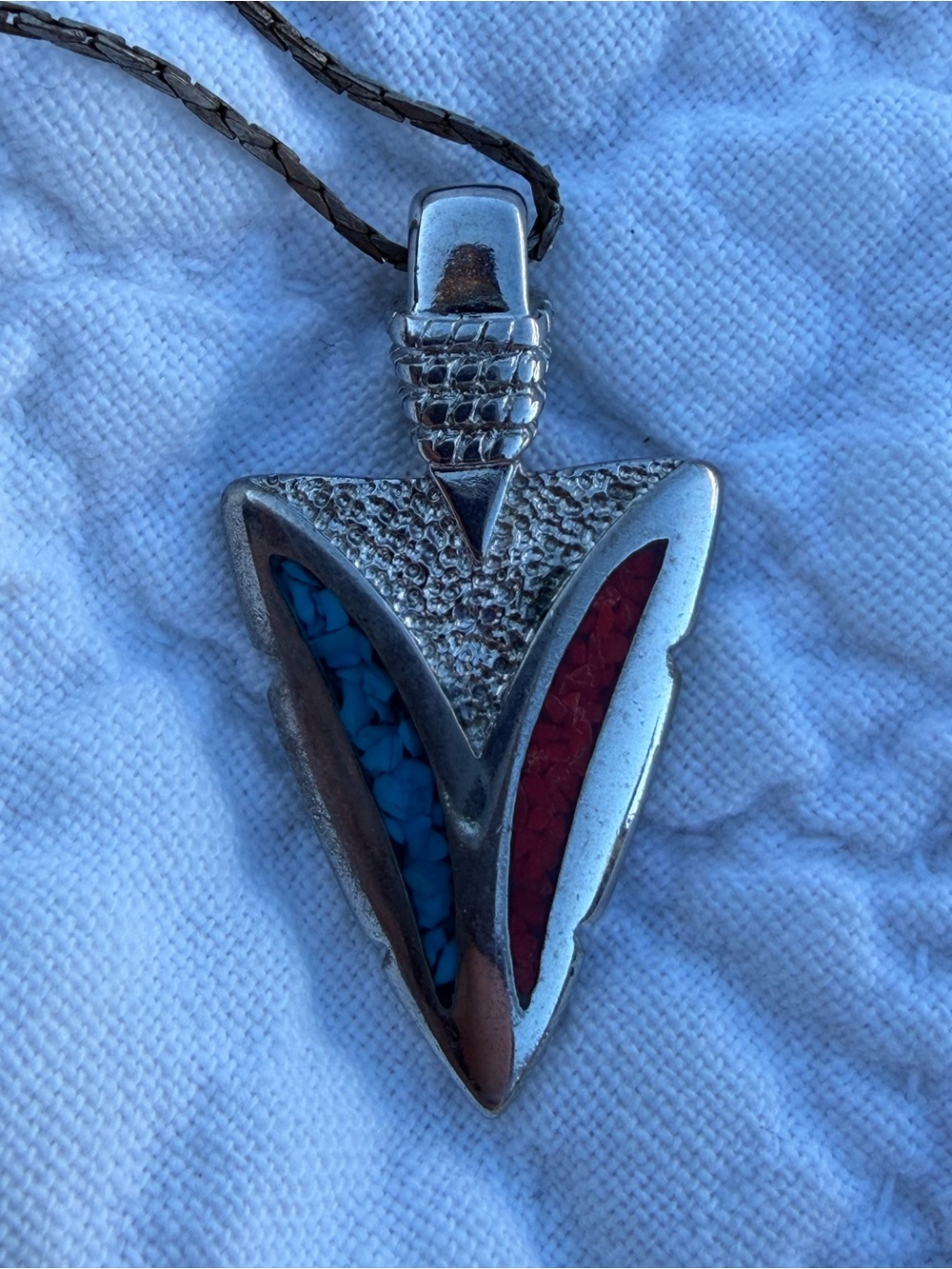 Vintage Navajo Turquoise Coral Chip Inlay Silver plated Necklace Southwestern